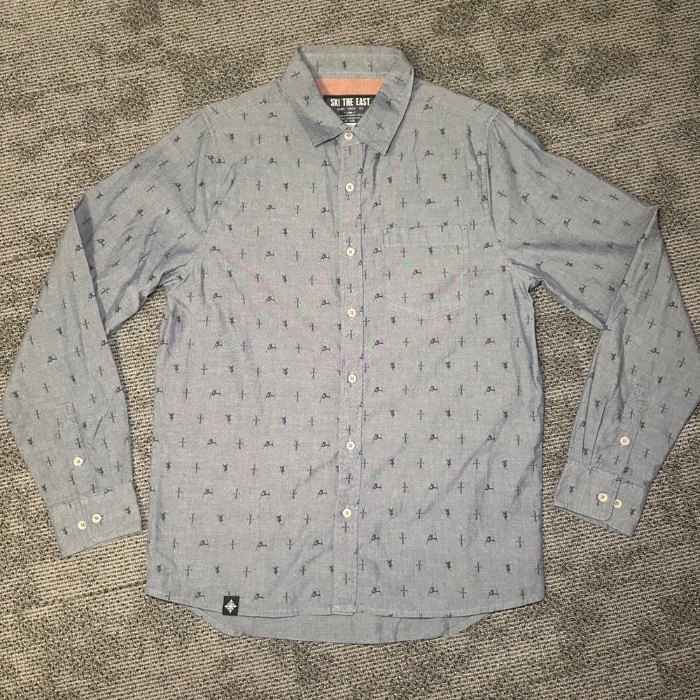 Ski The East Mens Medium Grey Skier Print Long Sleeve Button Down Shirt